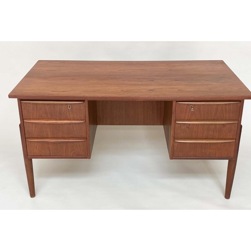 285 - DESK, 1970's Danish teak with six frieze drawers and tapering supports, 130cm x 71cm x 74cm H.