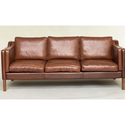 286 - DANISH SOFA, 1970's tan brown leather three seater with teak supports, 200cm W.