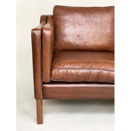 286 - DANISH SOFA, 1970's tan brown leather three seater with teak supports, 200cm W.