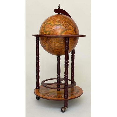 287 - GLOBE DRINKS CABINET, in the form of an antique terrestrial globe on stand with rising lid, 90cm H.