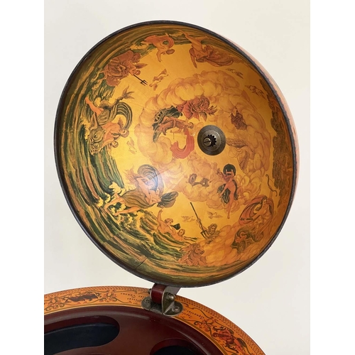 287 - GLOBE DRINKS CABINET, in the form of an antique terrestrial globe on stand with rising lid, 90cm H.