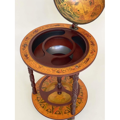 287 - GLOBE DRINKS CABINET, in the form of an antique terrestrial globe on stand with rising lid, 90cm H.