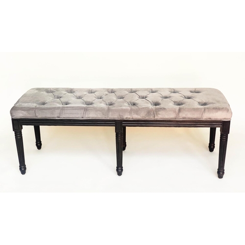 291 - WINDOW SEAT, rectangular buttoned grey velvet and turned supports, 140cm W x 47cm D x 50cm H.