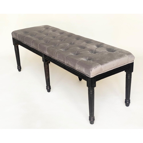 291 - WINDOW SEAT, rectangular buttoned grey velvet and turned supports, 140cm W x 47cm D x 50cm H.