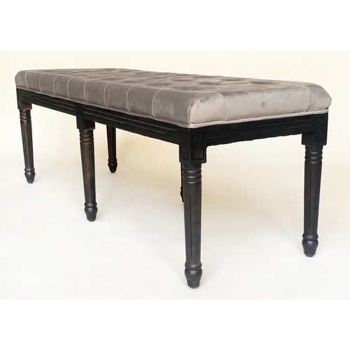 291 - WINDOW SEAT, rectangular buttoned grey velvet and turned supports, 140cm W x 47cm D x 50cm H.