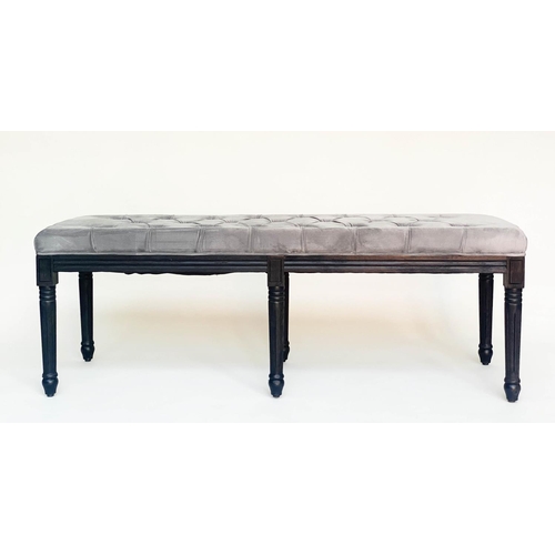 291 - WINDOW SEAT, rectangular buttoned grey velvet and turned supports, 140cm W x 47cm D x 50cm H.