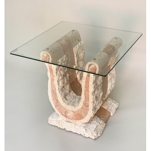 293 - LAMP TABLE, contemporary square bevelled glass, on 'U' marble support, 56cm x 56cm x 52cm H.