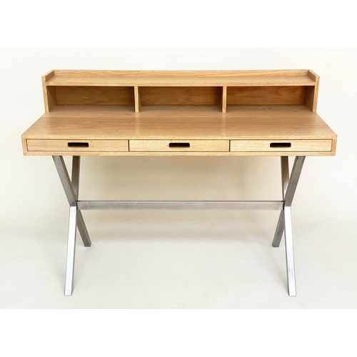 295 - DESK, contemporary oak with superstructure cubby holes and three frieze drawers on x steel supports,... 