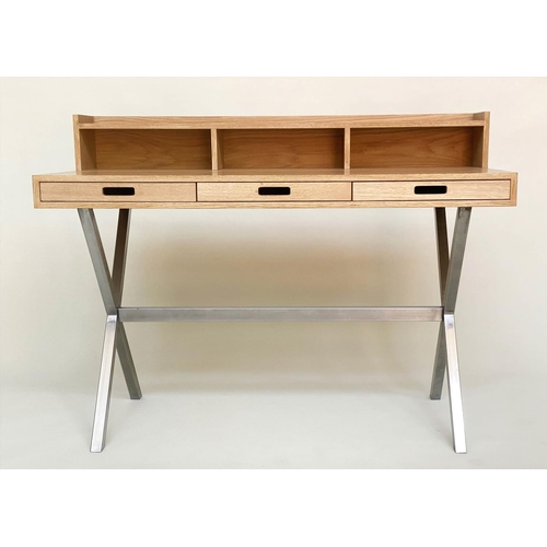 295 - DESK, contemporary oak with superstructure cubby holes and three frieze drawers on x steel supports,... 