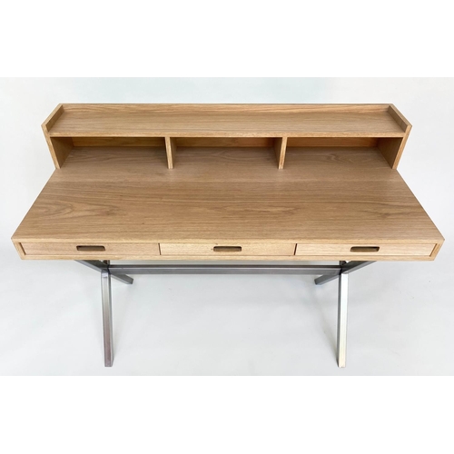 295 - DESK, contemporary oak with superstructure cubby holes and three frieze drawers on x steel supports,... 