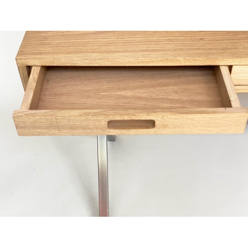 295 - DESK, contemporary oak with superstructure cubby holes and three frieze drawers on x steel supports,... 