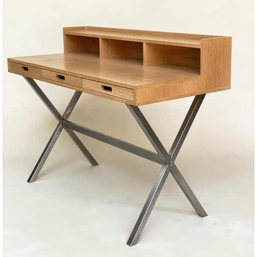 295 - DESK, contemporary oak with superstructure cubby holes and three frieze drawers on x steel supports,... 