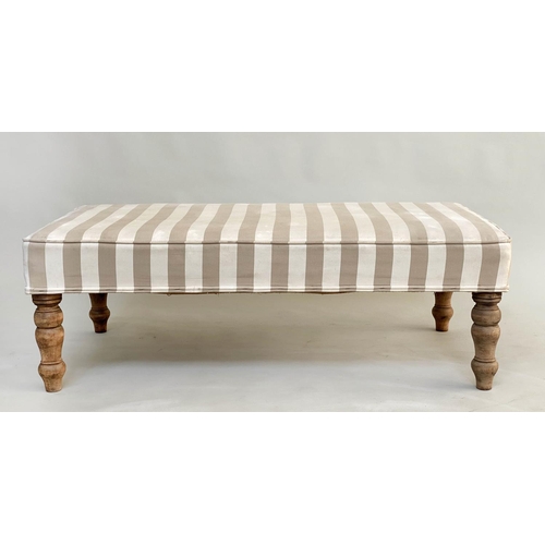 297 - WINDOW SEAT, rectangular taupe/cream linen striped upholstered with turned supports, 108cm W x 60cm ... 