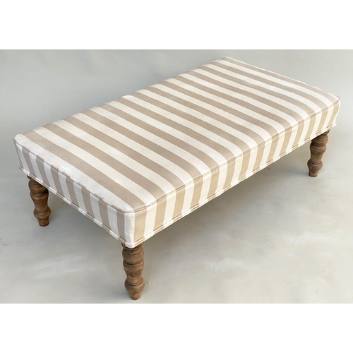 297 - WINDOW SEAT, rectangular taupe/cream linen striped upholstered with turned supports, 108cm W x 60cm ... 