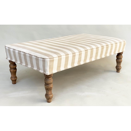 297 - WINDOW SEAT, rectangular taupe/cream linen striped upholstered with turned supports, 108cm W x 60cm ... 