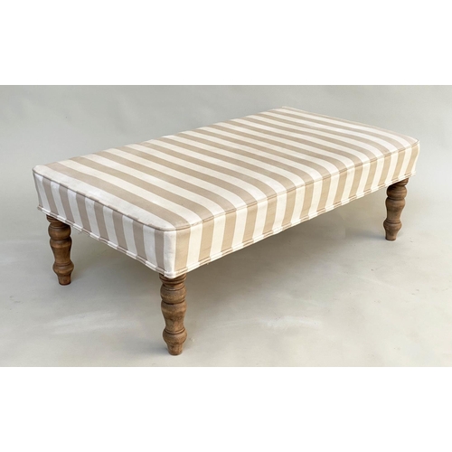 297 - WINDOW SEAT, rectangular taupe/cream linen striped upholstered with turned supports, 108cm W x 60cm ... 