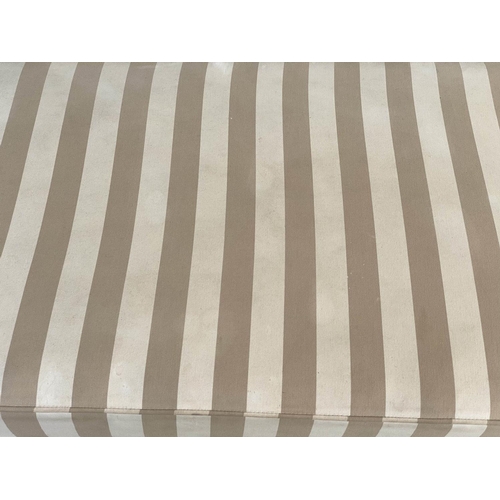 297 - WINDOW SEAT, rectangular taupe/cream linen striped upholstered with turned supports, 108cm W x 60cm ... 