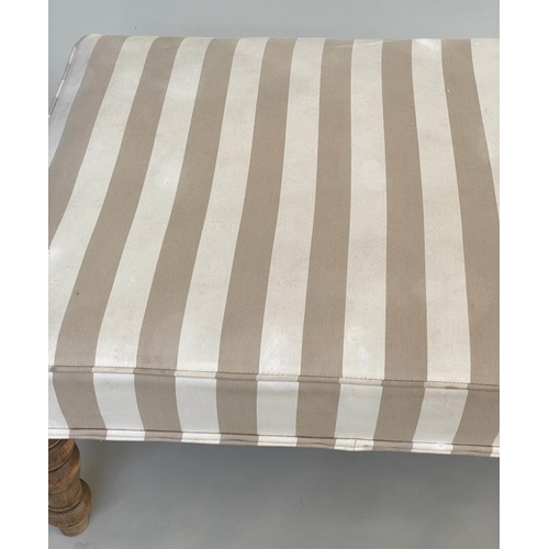 297 - WINDOW SEAT, rectangular taupe/cream linen striped upholstered with turned supports, 108cm W x 60cm ... 