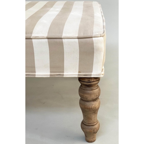 297 - WINDOW SEAT, rectangular taupe/cream linen striped upholstered with turned supports, 108cm W x 60cm ... 