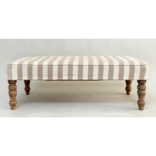 297 - WINDOW SEAT, rectangular taupe/cream linen striped upholstered with turned supports, 108cm W x 60cm ... 