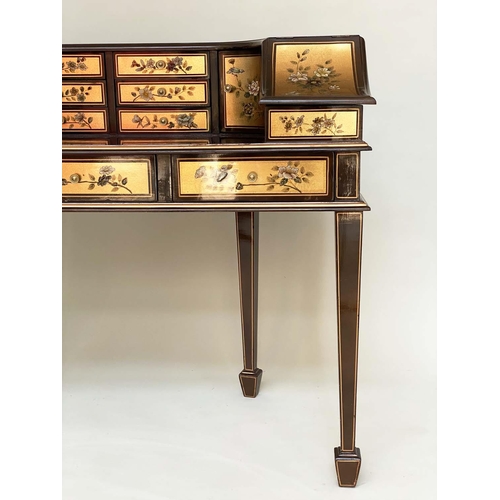 298 - CARLTON HOUSE DESK, Regency style gilt lacquered and chinoiserie floral decorated with nine drawers ... 