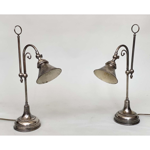 299 - DESK LAMPS, a pair, early 20th century style silvered each with adjustable shaded lamp, 51cm H. (2)