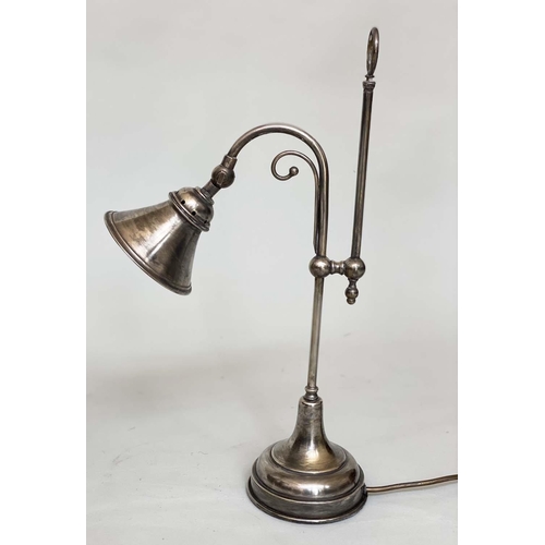 299 - DESK LAMPS, a pair, early 20th century style silvered each with adjustable shaded lamp, 51cm H. (2)