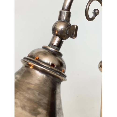 299 - DESK LAMPS, a pair, early 20th century style silvered each with adjustable shaded lamp, 51cm H. (2)