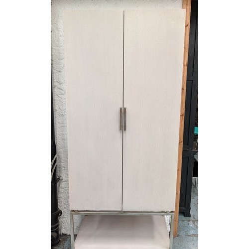 300 - CABINET ON STAND, 80cm x 45cm x 199.5cm, silvered metal base, two doors with faux shagreen  door han... 