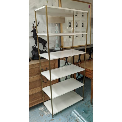 301 - ETAGERE, 1970s Italian style, white lacquered shelves, gilt metal, 79cm x 39cm x 182.5cm.