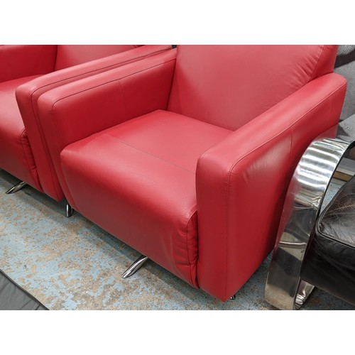 302 - LOUNGE CHAIRS, a pair, swivel design red leather upholstere,d polished metal base, 80cm x 80cm x 85c... 