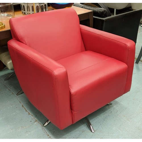 302 - LOUNGE CHAIRS, a pair, swivel design red leather upholstere,d polished metal base, 80cm x 80cm x 85c... 