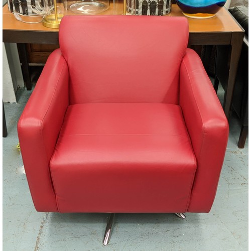 302 - LOUNGE CHAIRS, a pair, swivel design red leather upholstere,d polished metal base, 80cm x 80cm x 85c... 