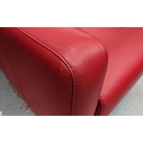 302 - LOUNGE CHAIRS, a pair, swivel design red leather upholstere,d polished metal base, 80cm x 80cm x 85c... 