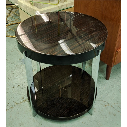 304 - SIDE TABLE, 56cm x 56cm diam., contemporary Italian style, two Macassar veneer tiers, polished metal... 