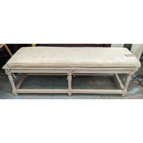 307 - HALL SEAT, 150cm x 48cm x 54cm, French Provincial style, grey painted, caned top, with cushion.