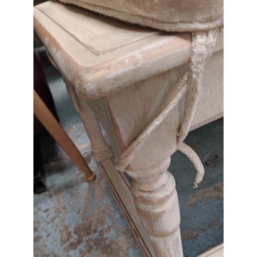 307 - HALL SEAT, 150cm x 48cm x 54cm, French Provincial style, grey painted, caned top, with cushion.