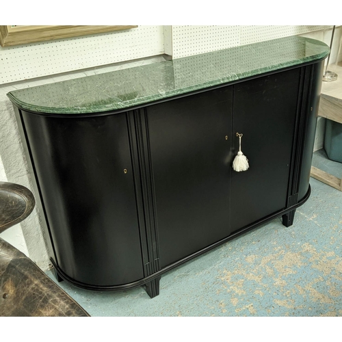 325 - SIDEBOARD, ebonised, marble top with curved ends, 112cm H x 48cm x 182cm.