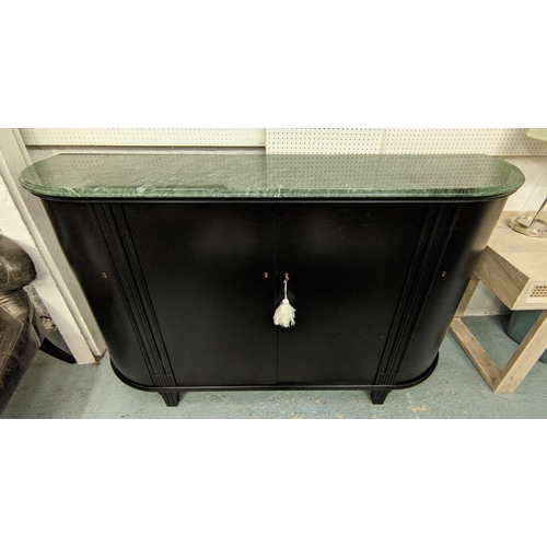 325 - SIDEBOARD, ebonised, marble top with curved ends, 112cm H x 48cm x 182cm.