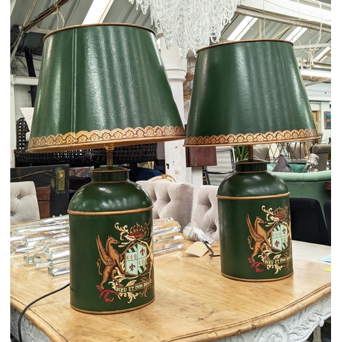 332 - TOLEWARE STYLE TABLE LAMPS, a pair, with shades, 71cm H. (2)