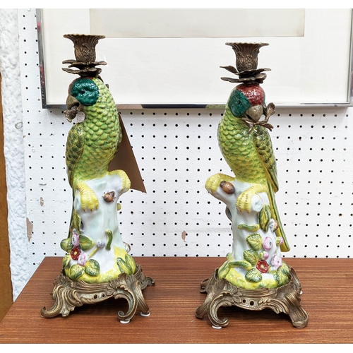 334 - PARROT CANDELABRA, a pair, glazed ceramic with gilt metal mounts and sconces, 36cm H. (2)