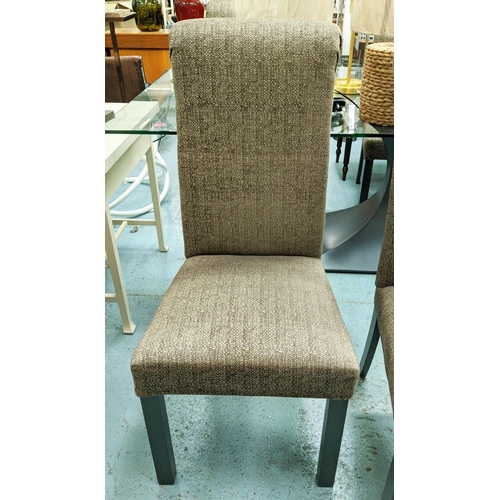 336 - ANDREW MARTIN RIVINGTON FOG FABRIC UPHOLSTERED DINING CHAIRS, a set of eight, Bespoke design, 108cm ... 