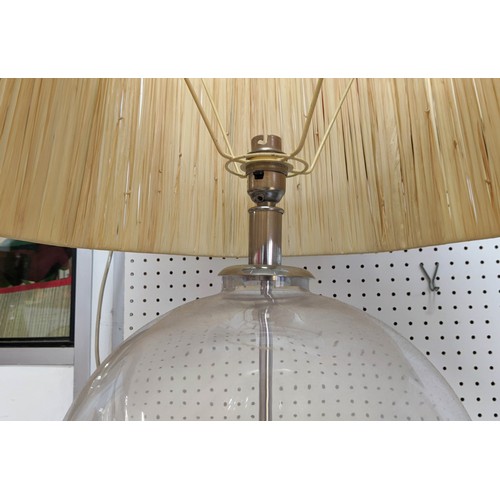 338 - TABLE LAMP, glass and polished metal base, with paper cord shade, 81cm H.