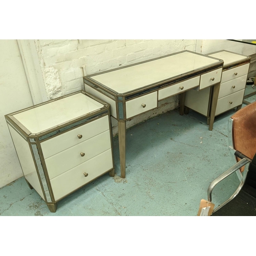 344 - DRESSING TABLE AND PAIR OF SIDE CHESTS, faux shagreen finished bevelled glass, mirrored detail, thre... 