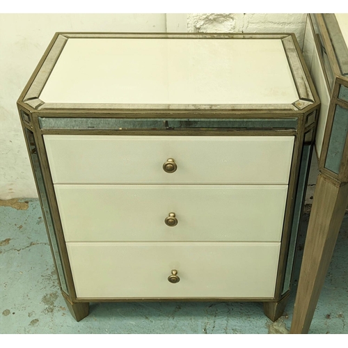 344 - DRESSING TABLE AND PAIR OF SIDE CHESTS, faux shagreen finished bevelled glass, mirrored detail, thre... 