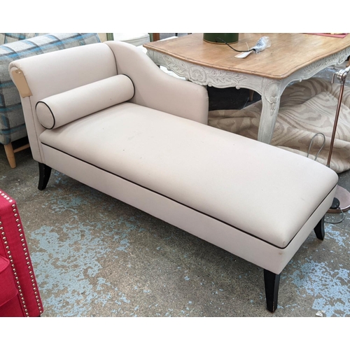 345 - CHAISE LONGUE, 160cm L x 78cm H x 61cm, white fabric upholstered with black piping detail.