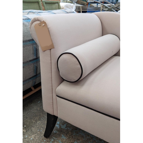 345 - CHAISE LONGUE, 160cm L x 78cm H x 61cm, white fabric upholstered with black piping detail.