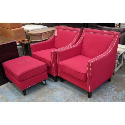 346 - ARMCHAIRS, a pair, each 75cm W x 91cm, red fabric upholstered with studded detail and footstool set.... 