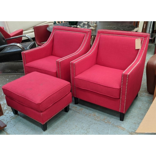 347 - ARMCHAIRS, a pair, each 75cm W x 91cm, red fabric upholstered with studded detail and footstool set.... 