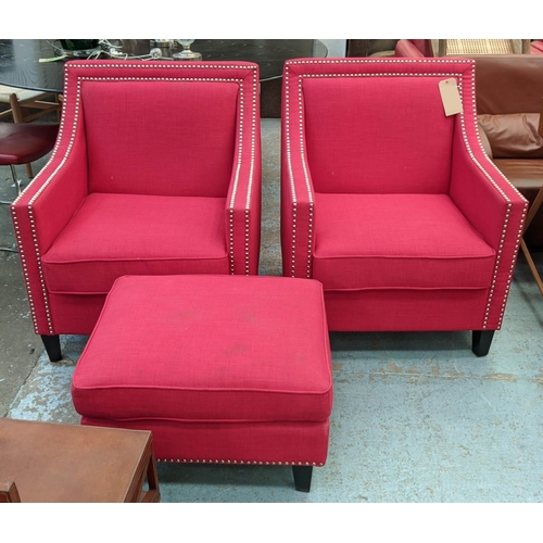 347 - ARMCHAIRS, a pair, each 75cm W x 91cm, red fabric upholstered with studded detail and footstool set.... 